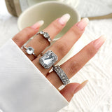 4Pcs Large Crystal Square Rhinestone Rings for Women Wedding Party