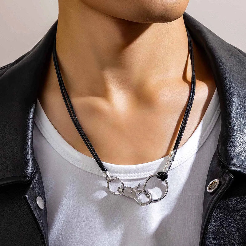 Minimalist Leather Wax Clavicle Necklace Men's Casual Metal Buckle Necklace