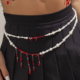 Punk Pearl Double Layer Waist Chain Gothic Red Crystal Bead Pendant Belly Chain