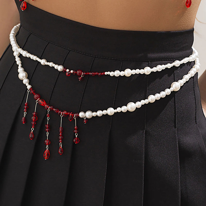 Punk Pearl Double Layer Waist Chain Gothic Red Crystal Bead Pendant Belly Chain