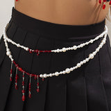 Punk Pearl Double Layer Waist Chain Gothic Red Crystal Bead Pendant Belly Chain