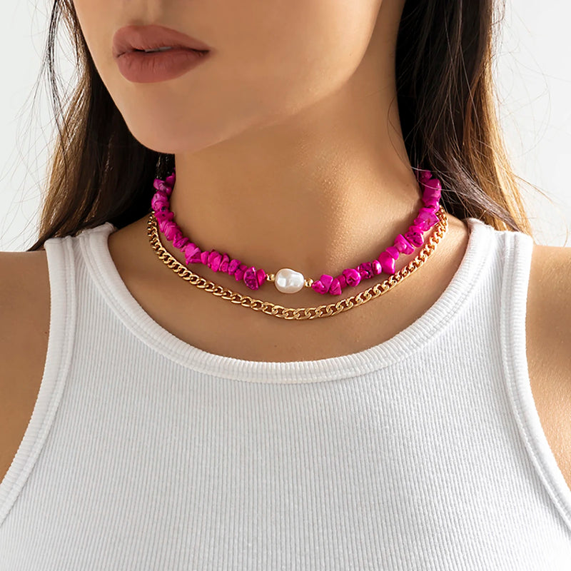 Punk Metal Chain Stone Beads Short Necklace for Women