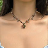 Punk Metal Chain Stone Beads Short Necklace for Women