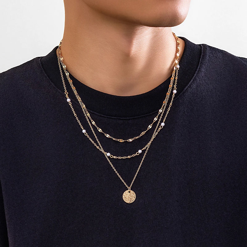 Punk Metal Circular Pendant Necklace Men's Layer Metal Chain Necklace