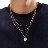 Punk Metal Circular Pendant Necklace Men's Layer Metal Chain Necklace