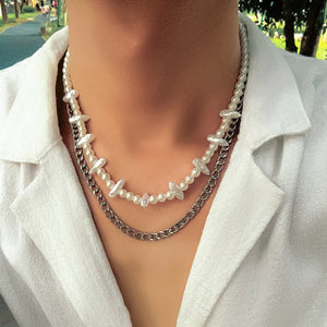 Punk Metal Chain Necklace Baroque Spike Pearl Chain Necklace