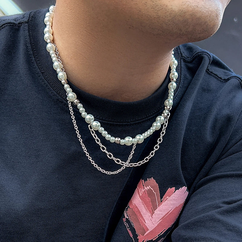 Pearl Acrylic Ball Necklace Metal Tassel Pendant Choker Men's Jewelry