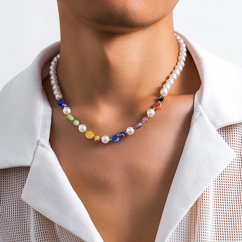 Y2K Acrylic Pattern Bead Chain Necklace Pearl Choker Men Casual Jewelry