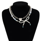Y2K Pearl Chain Bow Pendant Clavicle Necklace Punk Metal Choker