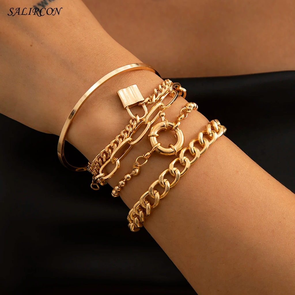 Vintage Lock Pendant Bracelet Bangles Kpop Charm Chain Couple Bracelets