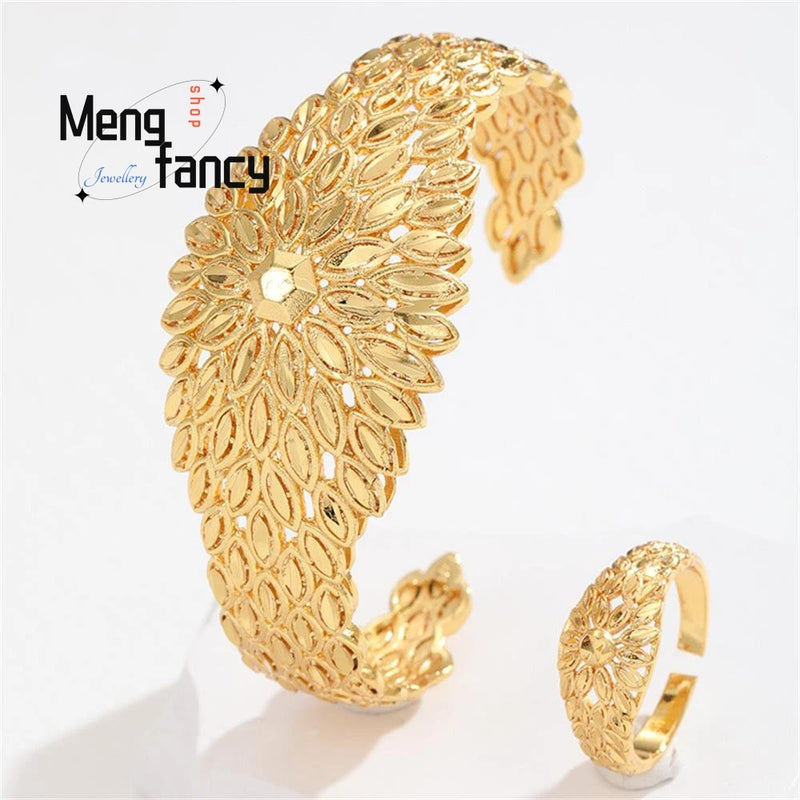 24K Openwork Bracelet Ring With Wheat Ears Charms Fine Jewelry Sets