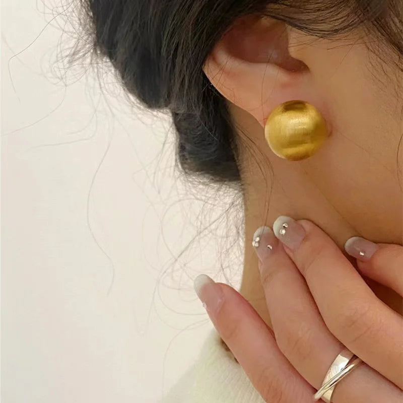 Sandblast Copper Ball Earrings For Women Vintage Metal Style Girl Gift