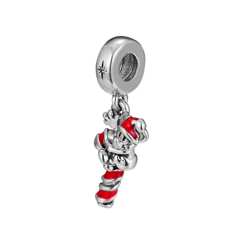 Santa Mickeys Candy Cane Charm 925 Silver Jewelry Beads Bracelets Necklaces