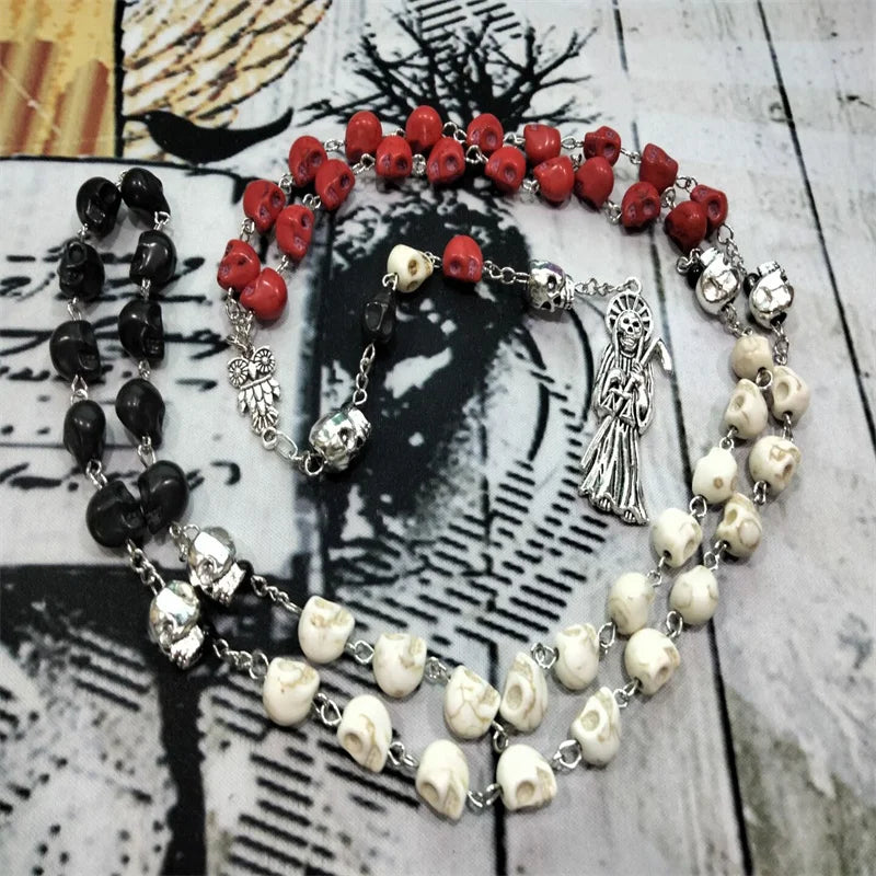 Santa Muerte Rosary - Mexican Death Reaper Rainbow Skull Jewelry