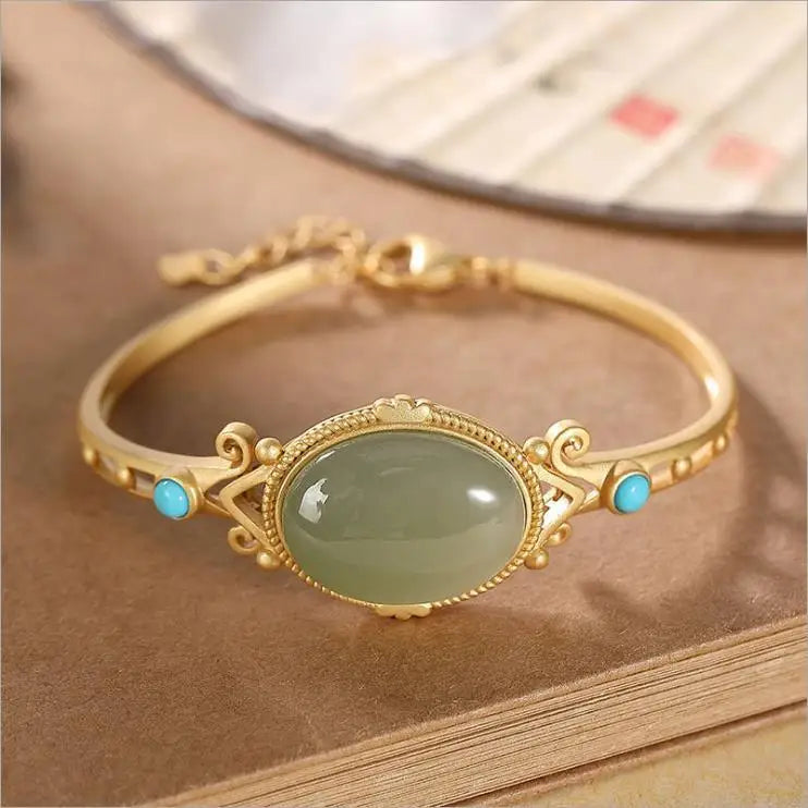 Sapphire Sterling Silver Bracelet Oval Hetian Jade Turquoise Opening Bracelet
