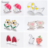 Sasusp Umbrella Rabbit 925 Silver Earrings Flower Studs
