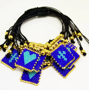 Boho Scapular Bracelet Cross Heart Charm Beaded Elastic Rope Dainty Gift