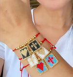 Boho Scapular Bracelet Cross Heart Charm Beaded Elastic Rope Dainty Gift