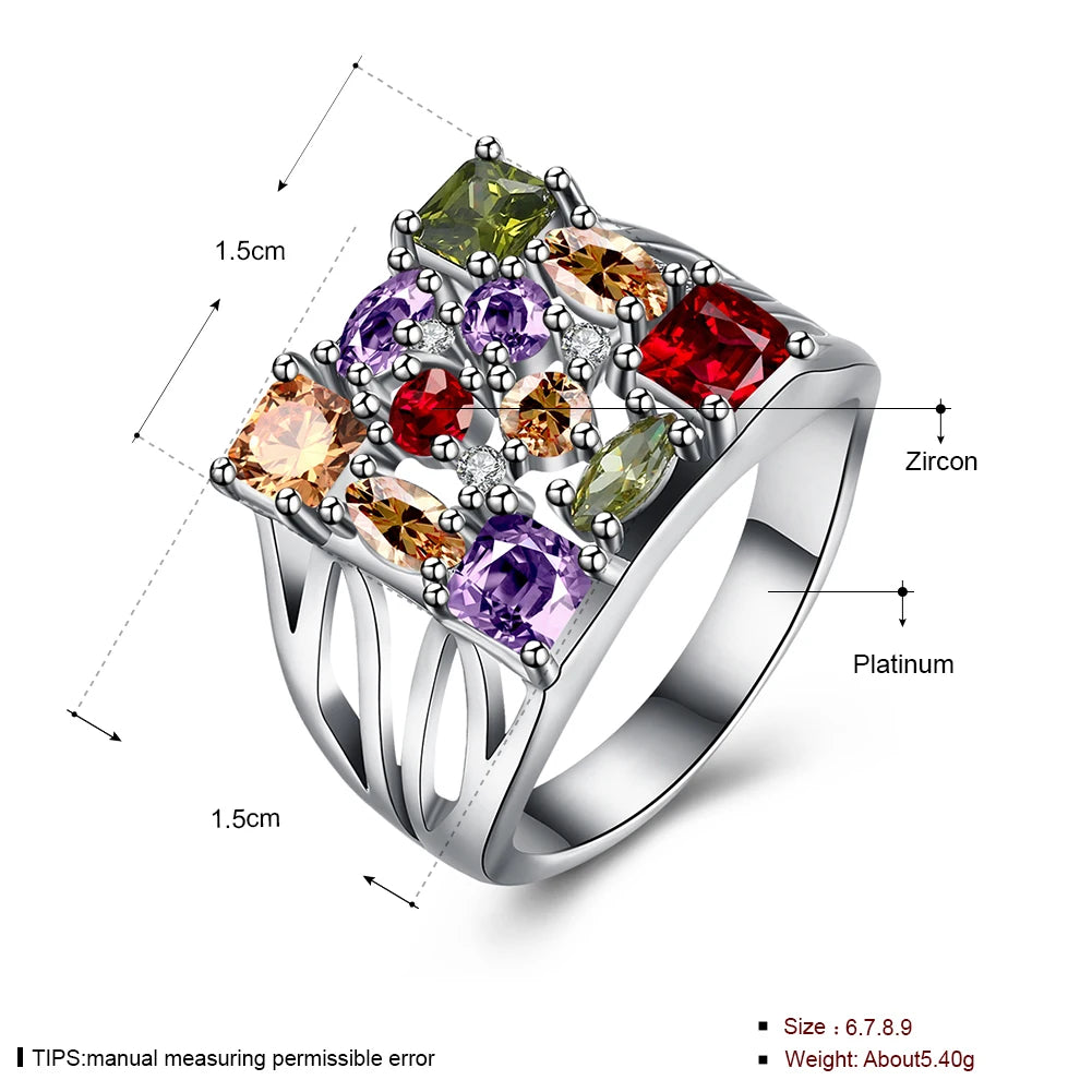 Colorful Crystal Silver Rings For Women Square Zircon Promises Ring