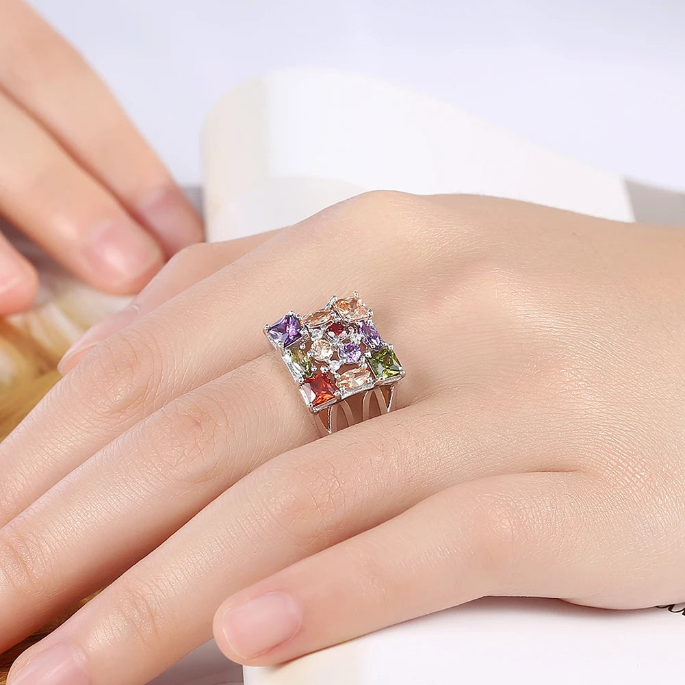 Colorful Crystal Silver Rings For Women Square Zircon Promises Ring