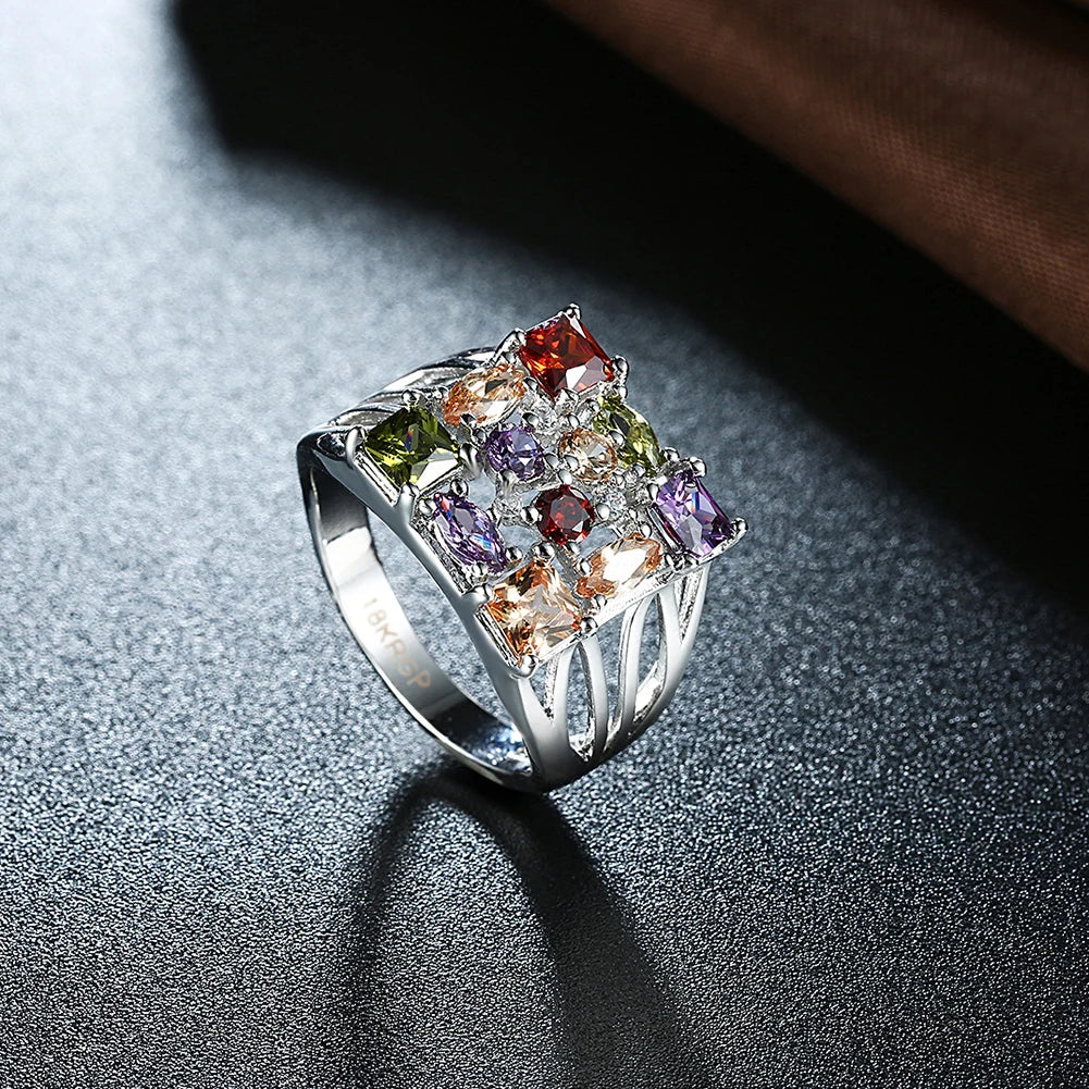 Colorful Crystal Silver Rings For Women Square Zircon Promises Ring