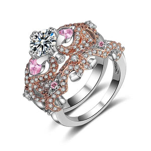 Seanlov Hot Cross Heart Silver Rings Sets Pink Zirconia Wedding Party Ring Sets