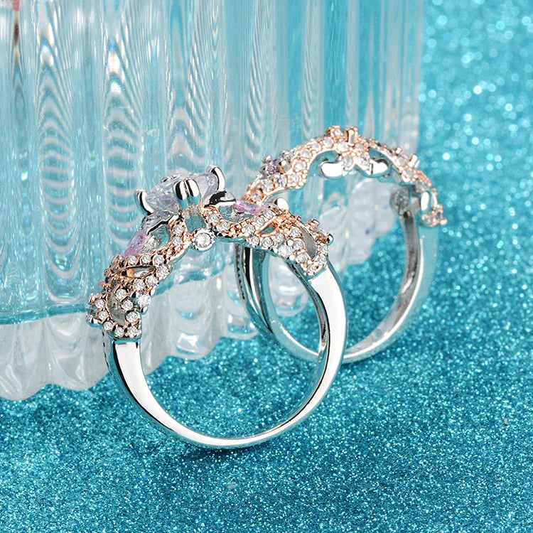 Seanlov Hot Cross Heart Silver Rings Sets Pink Zirconia Wedding Party Ring Sets