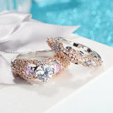 Seanlov Hot Cross Heart Silver Rings Sets Pink Zirconia Wedding Party Ring Sets