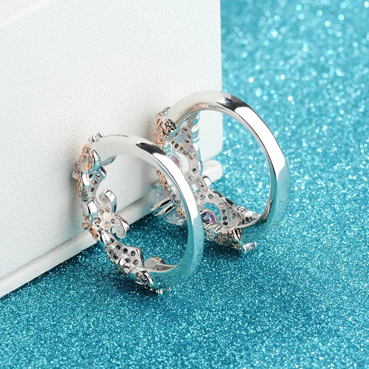 Seanlov Hot Cross Heart Silver Rings Sets Pink Zirconia Wedding Party Ring Sets