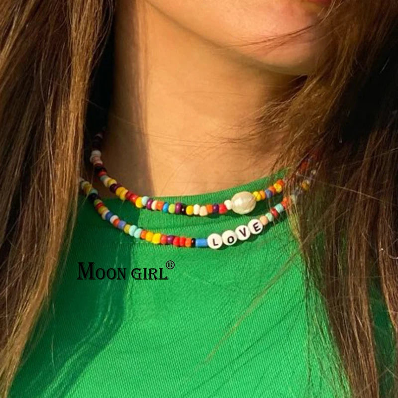 Seed Beads Love Necklace Sets for Women Choker Multilayer with Name Pearl