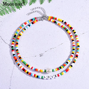 Seed Beads Love Necklace Sets for Women Choker Multilayer with Name Pearl