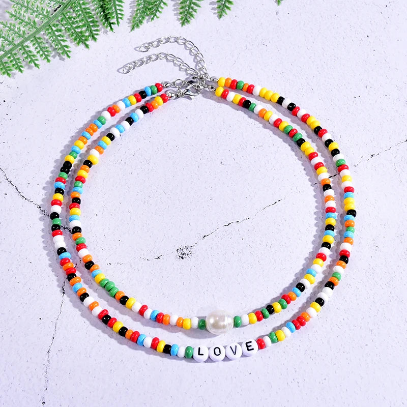 Seed Beads Love Necklace Sets for Women Choker Multilayer with Name Pearl