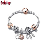 Heart Pendant Charm Bracelet European Snake Chain Rose Beaded Jewelry
