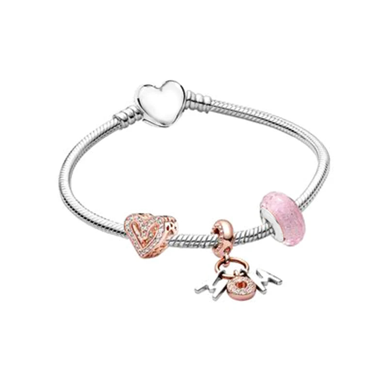 Heart Pendant Charm Bracelet European Snake Chain Rose Beaded Jewelry
