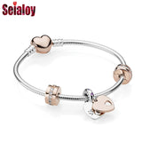 Heart Pendant Charm Bracelet European Snake Chain Rose Beaded Jewelry