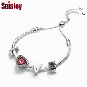 Women's Heart Charm Bracelet LOVE Beads Silver Bangle Jewelry
