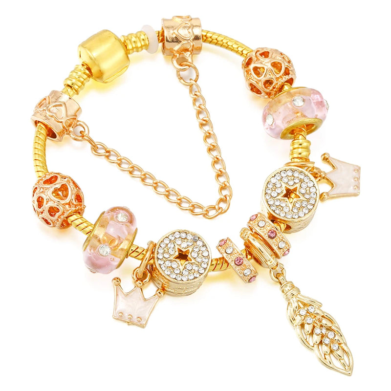 Pink Crystal Bead Charm Bracelet DIY Bangle Jewelry
