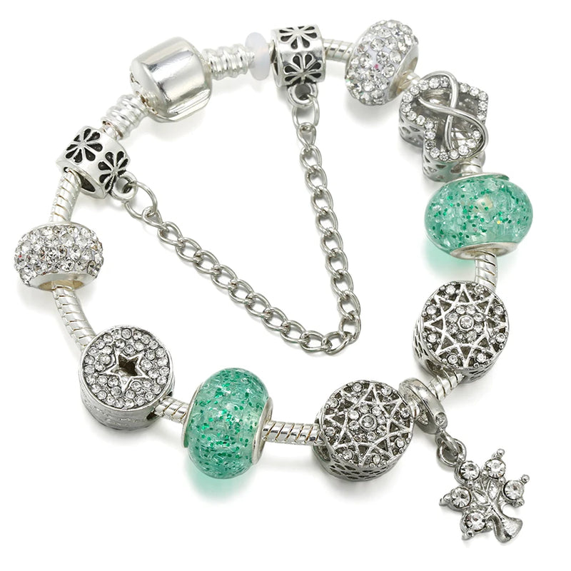 Green Crystal Star Beads Charm Bracelet DIY Silver Bangle Jewelry