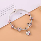 Family Heart Dangle Charm Bracelet with Pink Beads