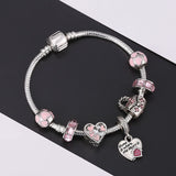 Family Heart Dangle Charm Bracelet with Pink Beads