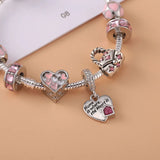 Family Heart Dangle Charm Bracelet with Pink Beads