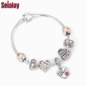 Family Heart Dangle Charm Bracelet with Pink Beads