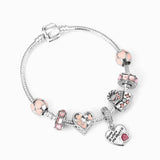 Family Heart Dangle Charm Bracelet with Pink Beads
