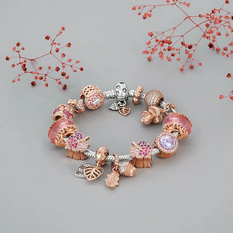 Leaf Charm Buckle Bracelets with Rose Crystal for Women