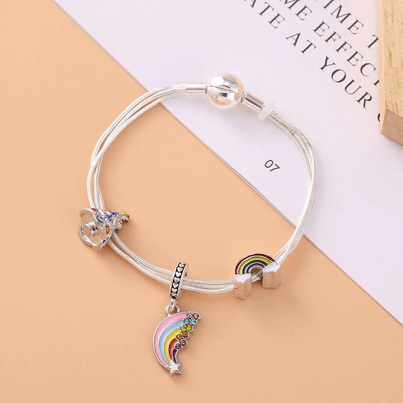 Rainbow Christmas Tree Pendant Silver Bracelet Gift