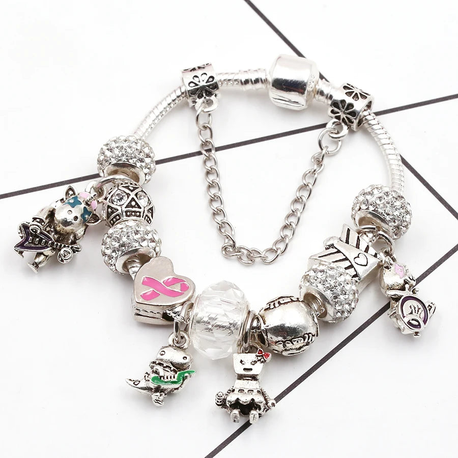Charm Bracelet Punk Concert Women Silver Beads Bangle Gift