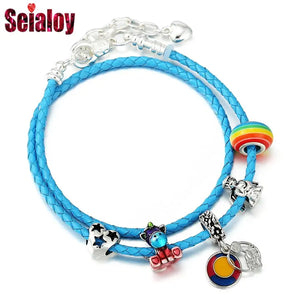 Rainbow Beads Leather Bracelets with Charms