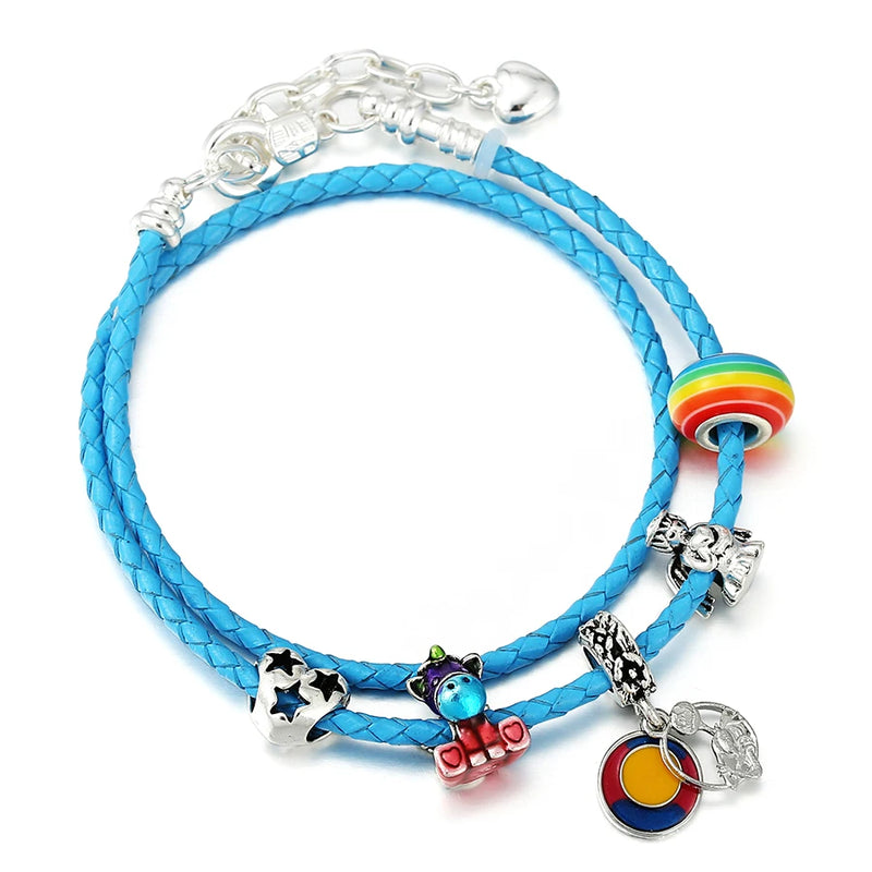 Rainbow Beads Leather Bracelets with Charms