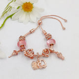 Rose Goddess Rose Heart Charm Bracelet Pink Crystal Beads