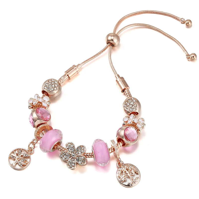 Rose Goddess Rose Heart Charm Bracelet Pink Crystal Beads